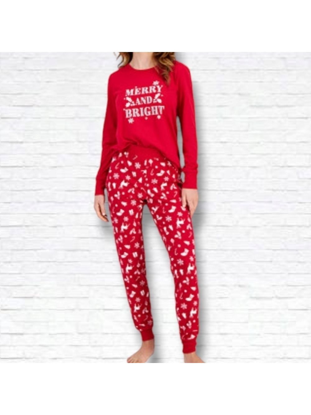 Macy's Red/White Matching "Merry & Bright" Holiday Pajamas Set Size S Women's